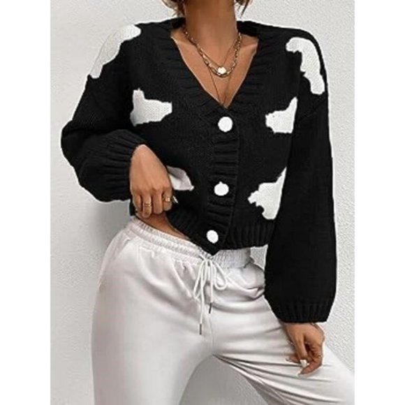 Sweaters - Womens Crop Cardigan Medium Sweater V Neck Clouds Button Front Casual